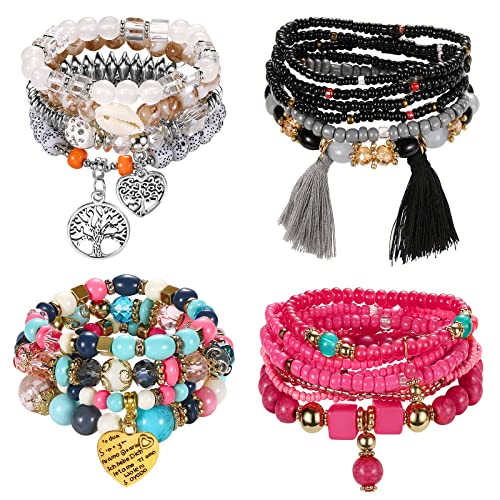 Emibele Bohemian Bead Bracelets For Women, 4 Sets Stackable Stretch Bracelets Heart Pendant Bracelet Star & Moon Bracelet Multilayer Colorful Boho Bracelet Set Charm Jewelry Gifts For Girls Ladies #TOP30
