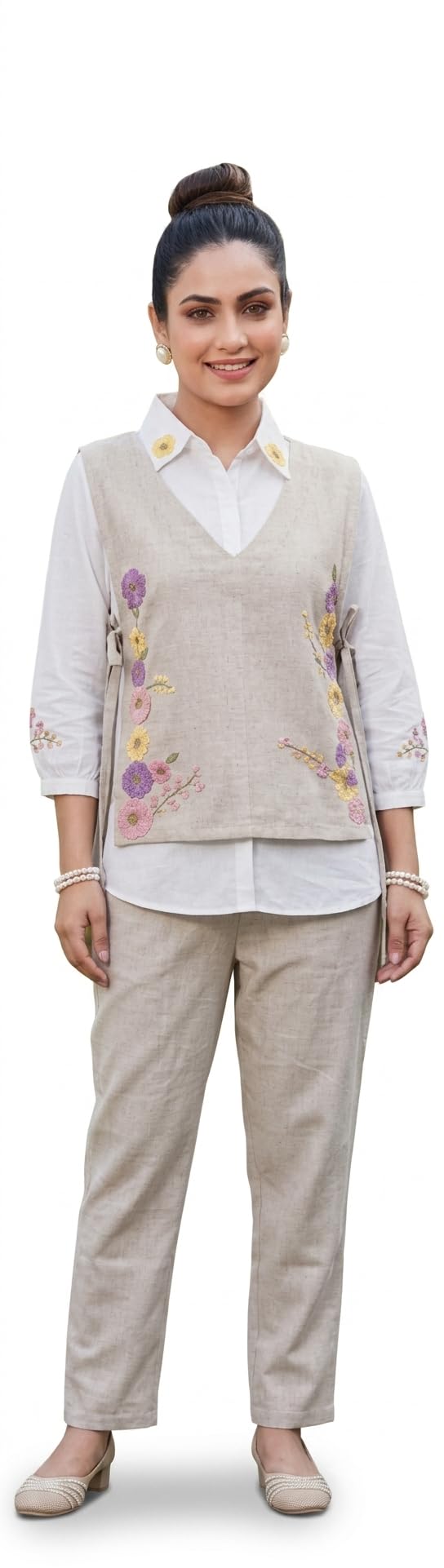 Women's Jute Co-ord set with Floral Embroidery, Beige, V-Neck-picture-41