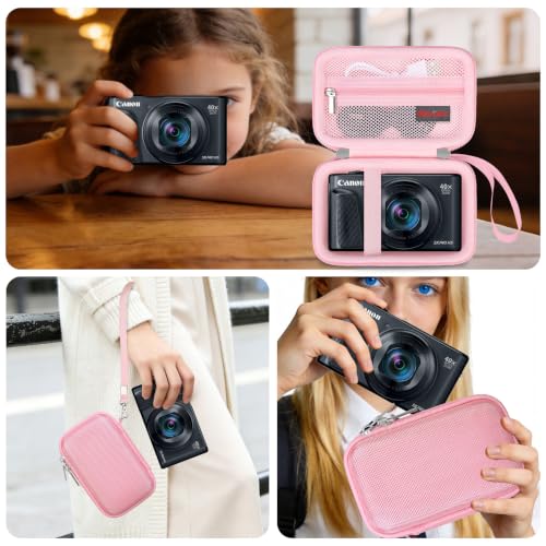 Image of Elonbo Carrying Case for Canon Powershot SX740 HS / SX730 HS /SX720 HS Camera | Canon SX740 Camera Case, Hard Bag, with Mesh Pocket Wrist Strap Double Zipper, for Vlogging Travel Protective Storage, Pink