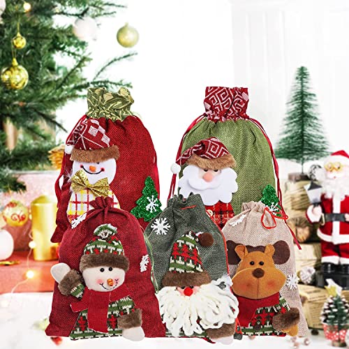 KAHEIGN 5 Pièces Sacs à Cordon de Noël, Sacs en Toile de Jute de Grand Tissu 3D Père Noël Bonhomme de Neige Renne Sacs Cadeaux de Noël Sacs d'emballage de Noël Sacs de Friandises pour Fête de Noël - Image 6