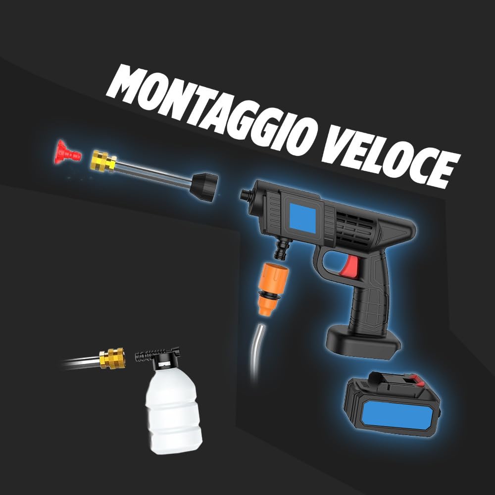 Kit Idropulitrice e Soffiatore Cordless a Doppia Batteria 48V - Lancia Lavaggio a Batteria - Lavaggio Professionale con Filtro, Tubo, Serbatoio e Attacchi - Pulizia Auto Scooter Giardino (Blu)