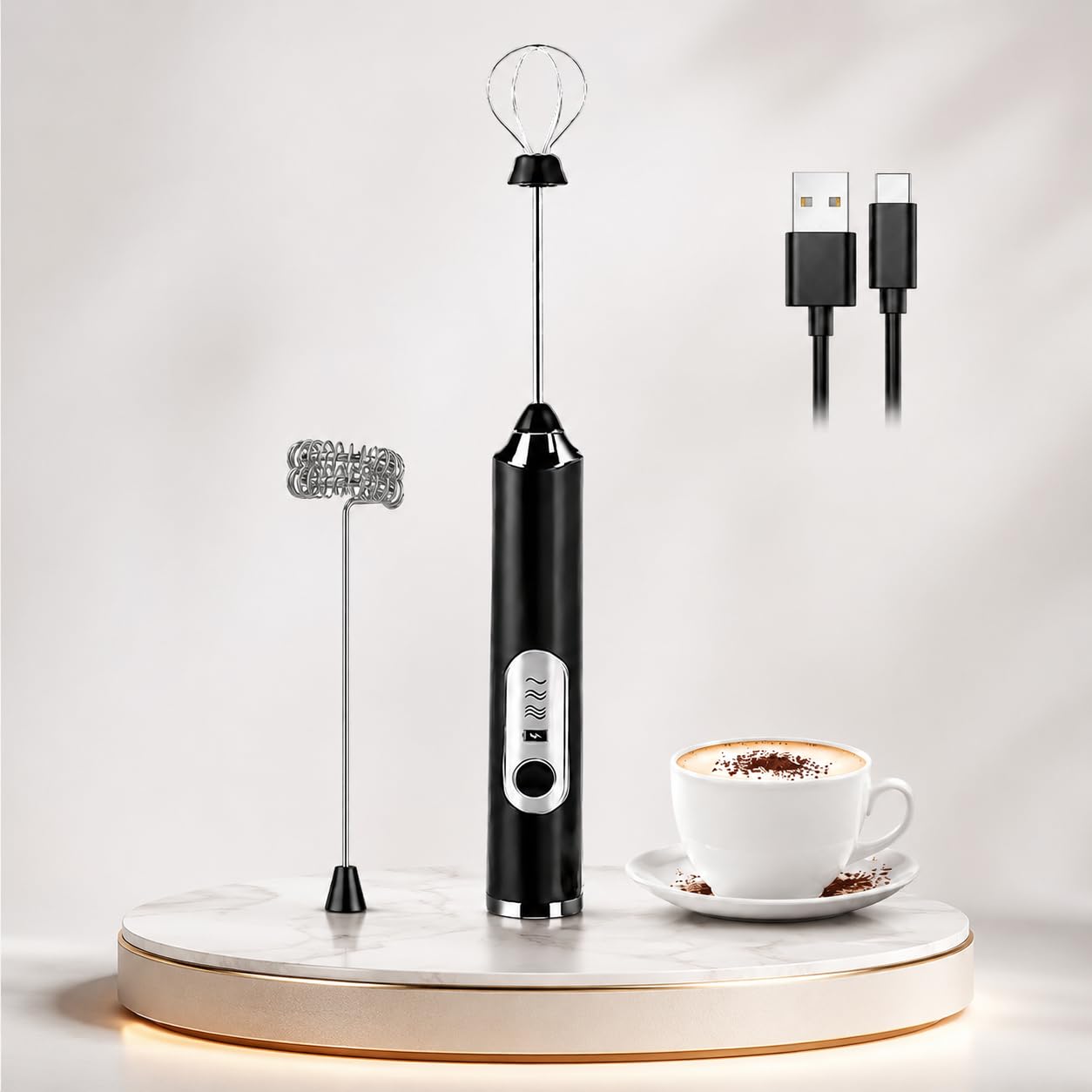 Powerful Premium 3-Speed Rechargeable Milk Frother, Handheld Mini Electric Eggs Drink Mixer Foam Maker with 2 Stainless Steel Whisks, USB-Charging Coffee Frother for Latte, Cappuccino, Matcha