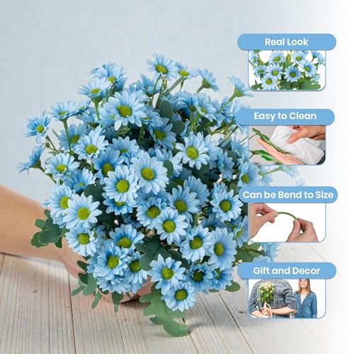 Image of Art Street Artificial Blue Flowers Bunch |Daisy Flowers for Home | Living Room, Decor |Christmas Day, New Year, 7 Head 21 Flowers| Pack of 2|Size 13 INCH, (Without Vase)