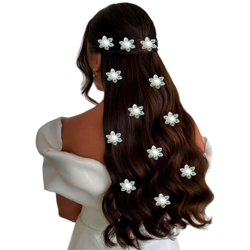 Hair Flare Crystal Pearl Flower Hair Pins for Women – Bridal Hair Accessories for Wedding, Party & Prom – Shiny Floral Hair Clips for Long Hair (Set of 12)