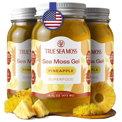 TrueSeaMoss Sea Moss Gel – Made in USA – Wildcrafted Seamoss, Fruits &amp; Jarred Vegetables – Pineapple, Pack of 3 (Labels may Vary)