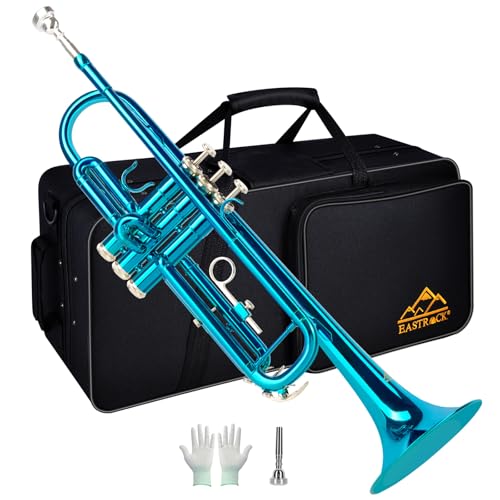 EASTROCK Trompeta Sib Estándar de Latón Instrumentos Musicales Boquilla 7C con Estuche para estudiantes principiantes (Azul)