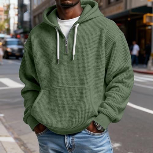 Quarter Zip Hoodie Men Mokaloha Mens Shirts Long Sleeve Waffle Solid Color Sweatshirt 1/4 Zip Pullover with Pockets - Image 2