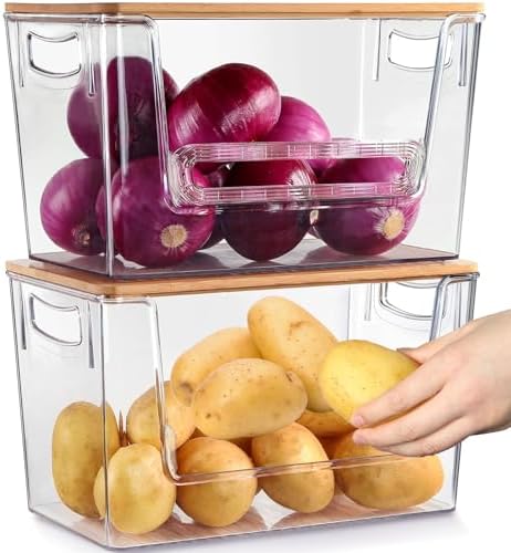 Pantry Organizers Storage Heavy-duty Ultrathick, THASOK 2 Set Kitchen Cupboard Organizers Upgraded Fence design, Stackable Baskets Storage with Bamboo Top for Onion,Potato,Fruits,Produce,Vegetable