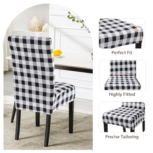 Image of SearchI Printed Dining Room Chair Covers Set of 6, Stretch Kitchen Chair Covers Washable Parsons Chair Slipcover Removable Dining Chair Protectors for Hotel,Ceremony(Black /White Plaid)