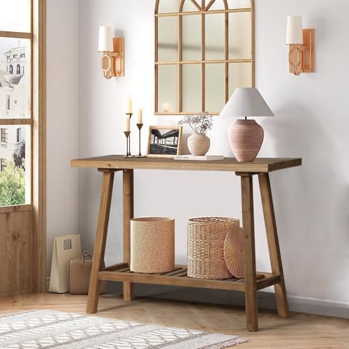 HOKYHOKY Reclaimed Solid Wood Console Table, 43.3' Farmhouse Entryway Table, Narrow Couch Tables Behind Sofa, 2 Tiers Accent Tables for Hallway, Entrance, Foyer, Living Room