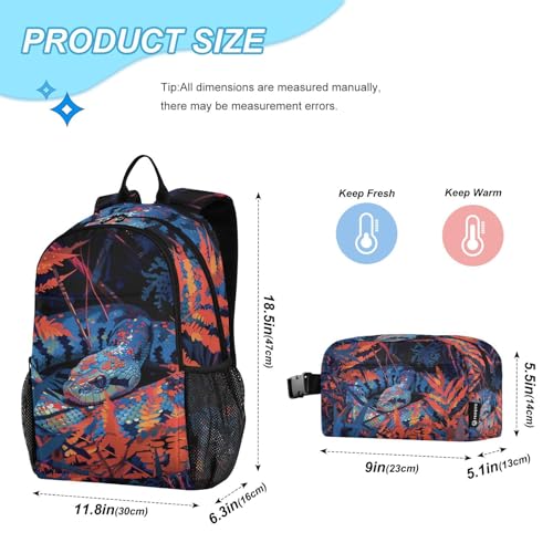 Travel Backpack Lunch Bag Set for Hiking Picnic, Backpacks with Insulated Lunch Box Wild Snake Print2
