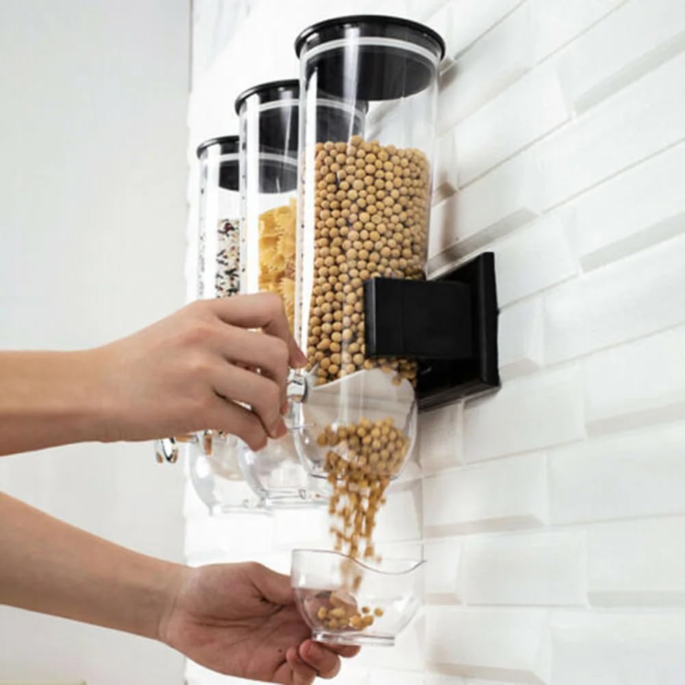 Dispenser Cereali Triplo 3 X 2 Litri - Distributore Con Manopole Dosatrici Per Pasta, Caramelle, Frutta Secca E Caffè, Design Nero E Bianco, Capacità Totale 6 Litri