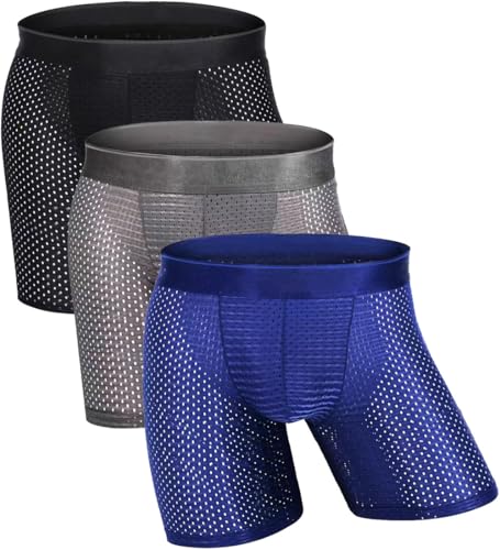 Zueauns Boxer Long Homme Respirant - sous-vêtements en Maille Transparente Soie Glacée - Anti-Frottement- Caleçon Sexy
