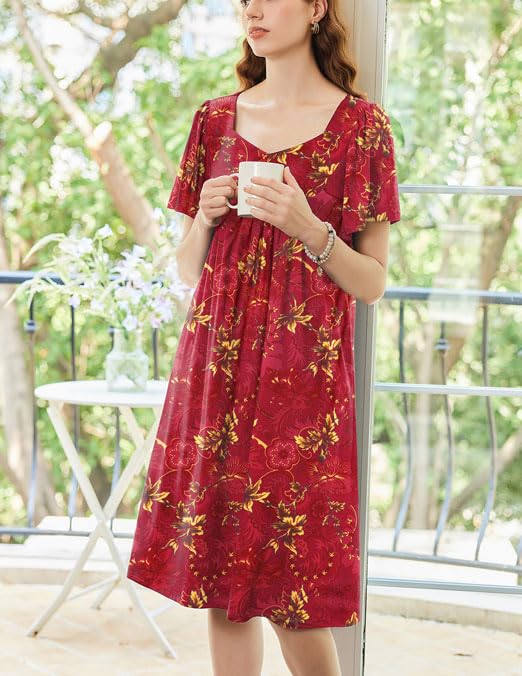 Image of Ekouaer Women's House Dress - Pleated Nightgown with Short Sleeves & Pockets