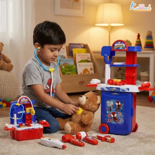 Image of Spiderman Theme Doctor Set for Kids - 9 Pcs Medical Equipment Trolley with Lights, Spidey-Inspired Role Play Toy, Heroic Doctor Kit for Boys & Girls 3+ Years, Portable Educational Playset