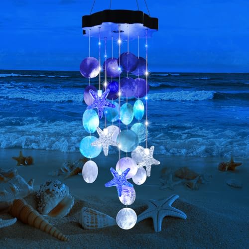 Solar Shell Gift for Mom Grandma Girls, White & Blue Christmas Solar Wind Chimes for Outside, Outdoor Decorative Mobile Lights for Garden, Yard, Patio, Window, Party, Outdoor Decorations
