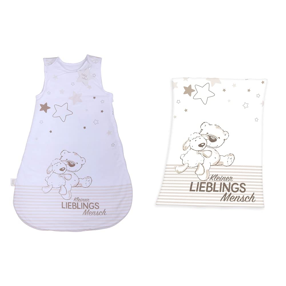 Herding Baby Best Baby-Schlafsack, Kleiner Lieblingsmensch Motiv, 90 cm, Weiß & Fynn Babydecke, Lieblingsmensch Motiv, 75 x 100 cm, Microfaserflausch, Weiß