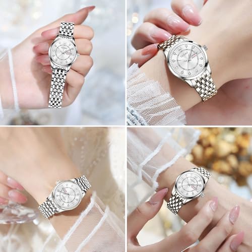 Watches for Women Silver Fashion Dainty Diamond Scale Dress Waterproof Womens Watch with Date Day Stainless Steel Analog Quartz Ladies Watches Two Tone Small Women's Wrist Watches4