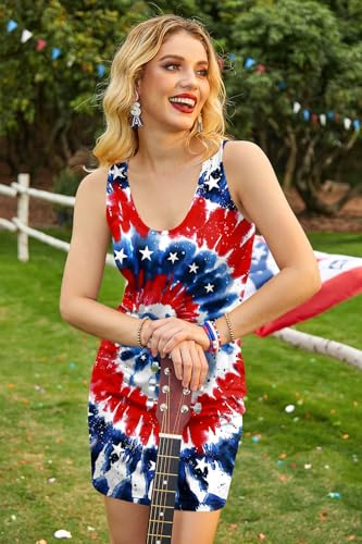 Image of For G and PL Women 4th of July American Flag Tank Dress Deep V Neck Stars Stripe Mini Patriotic Sleeveless Sundress