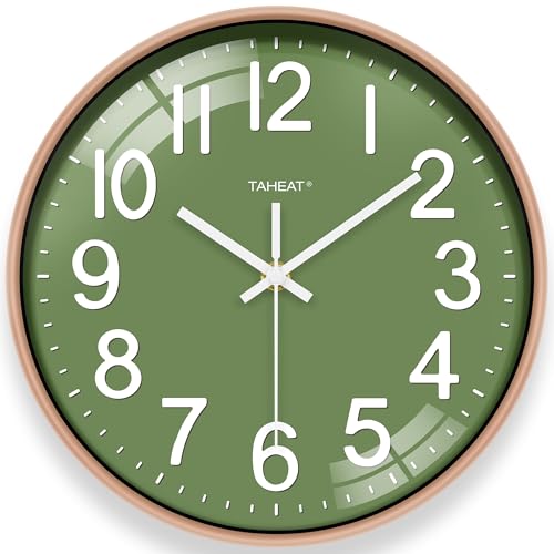 TAHEAT Horloge Murale, Moderne, 30 cm, Vert et doré, sans Bruit de tic-tac pour Salon, Cuisine, Bureau, Chambre à Coucher, école