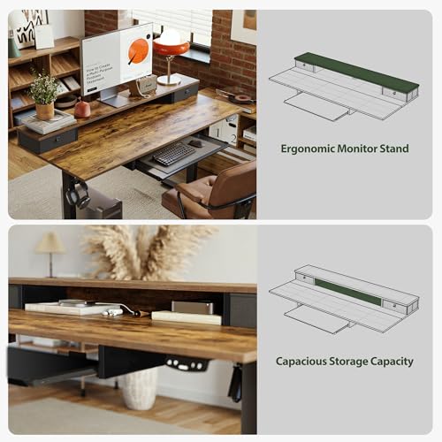 Image of Agilestic Electric Standing Desk with 2 Drawers and Keyboard Tray, 48 x 23 Inches Ergonomic Adjustable Height Desk with Storage, Sit Stand Computer Workstation, Rustic Brown
