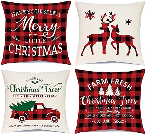 Ueerdand-Christmas-Decorations-Pillow-Covers-1818-Set-of-4-Black-and-Red-Xmas-Farmhouse-Buffalo-Plaid-Truck-Throw-Pillow-Case-for-Holiday-Home-Sofa-Couch Ueerdand Christmas Decorations Pillow Covers 1818 Set of 4 Black and Red Xmas Farmhouse Buffalo Plaid Truck Throw Pillow Case for Holiday Home Sofa Couch