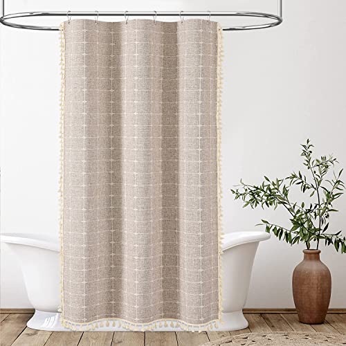 Image of BTTN Boho Stall Shower Curtain, 36x72 Narrow Linen Ultra Thick Fabric Tassel Shower Curtain set with 6 Plastic Hooks, Small Walk In Modern Farmhouse Chic Country Shower Curtain for Bathroom, Tan /Taupe