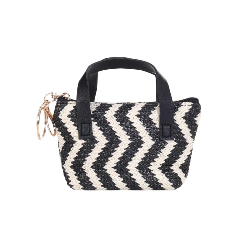 Jute Coin Pouch Small | Handwoven Mini Zipper Pouch with Handle & Keyring | Single Compartment Coin & Essentials Holder for Women Color - Black and White-image-24