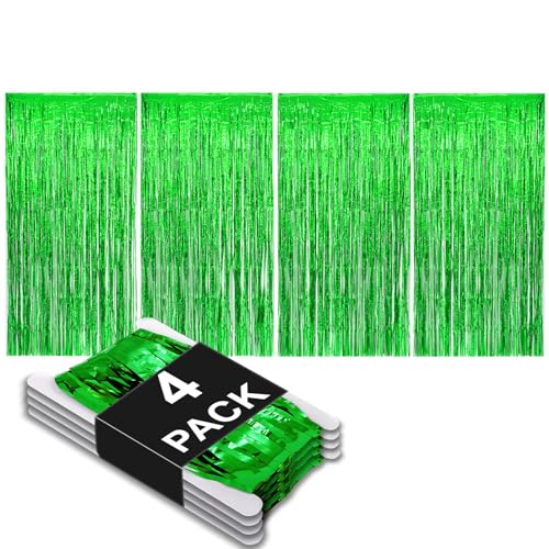 Allgala 4 Pack Green Metalic Tinsel Party Photo Backdrop Curtain 3.3x6.6 FT (1x2M) Photo Booth for Birthday Graduation New Year Eve Saint Patrick Day Party Deco