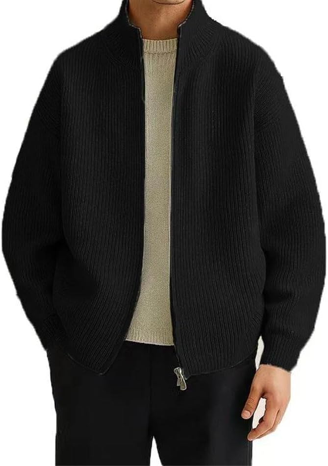 Rfmfkkg Mens Full Zip Cardigan Sweater Casual Mock Neck Ribbed Knitted Chunky Warm Outerwear