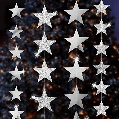 Silver Star Decorations, 52 Feet Silver Star Paper Garland, 4 Sets Metallic Sparkling and Glitter Star Garland Decorations, Hanging Star Garland Backdrop for Baby Shower Frozen Birthday Winter Party …