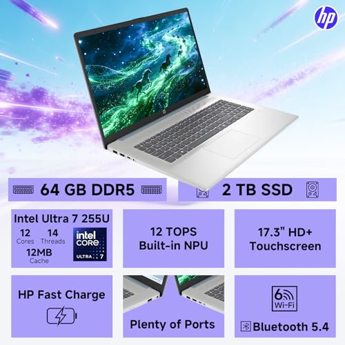 Image of HP 17 Inch Touchscreen Laptop, Intel Ultra 7 255U, 17.3 inch HD+ Display, 64GB DDR5, 2TB SSD, Win 11 Pro, Intel Built-in AI(12 Tops), Backlit KB, Wi-Fi 6, BT 5.4, Fast Charge, W /REDRAGON Accessories