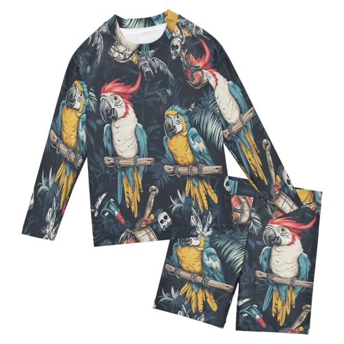 Parrot and Skull Boys Swimsuit Rash Guard Toddler Kids Long Sleeve Swim Shirt and Trunks Swimwear Set 3-10Y