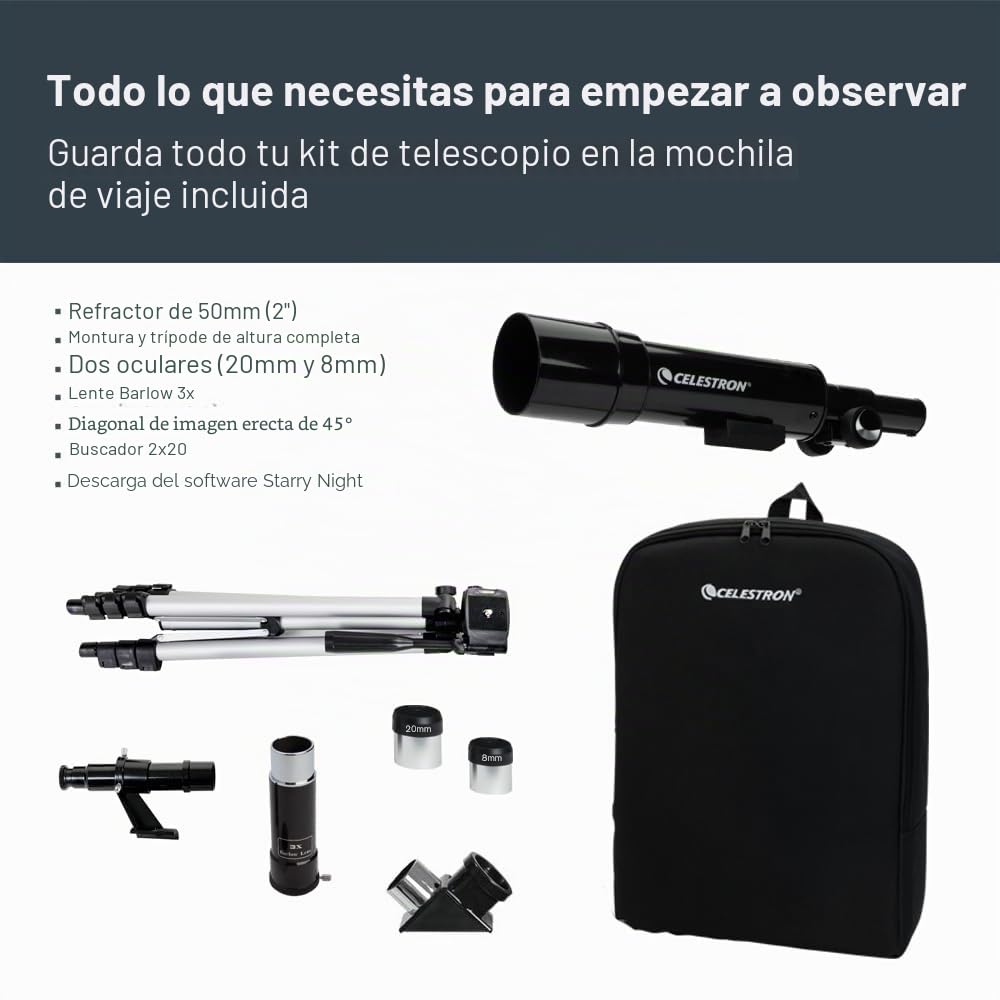Celestron 21038 Travel Scope 50 Portable Refractor Telescope Kit with Backpack, Black