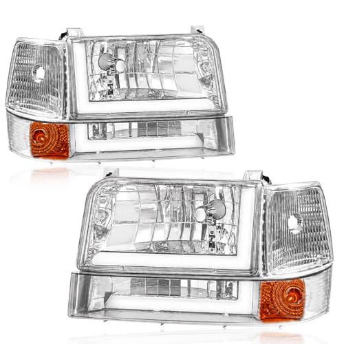 Image of Par for 1992-1996 Ford F150 F250 F350 Bronco Headlights w / 2 LED DRL Passenger Driver Side Replacements Headlamp Clear Reflector Chrome Housing 92-96 F-150 F-250 F-350