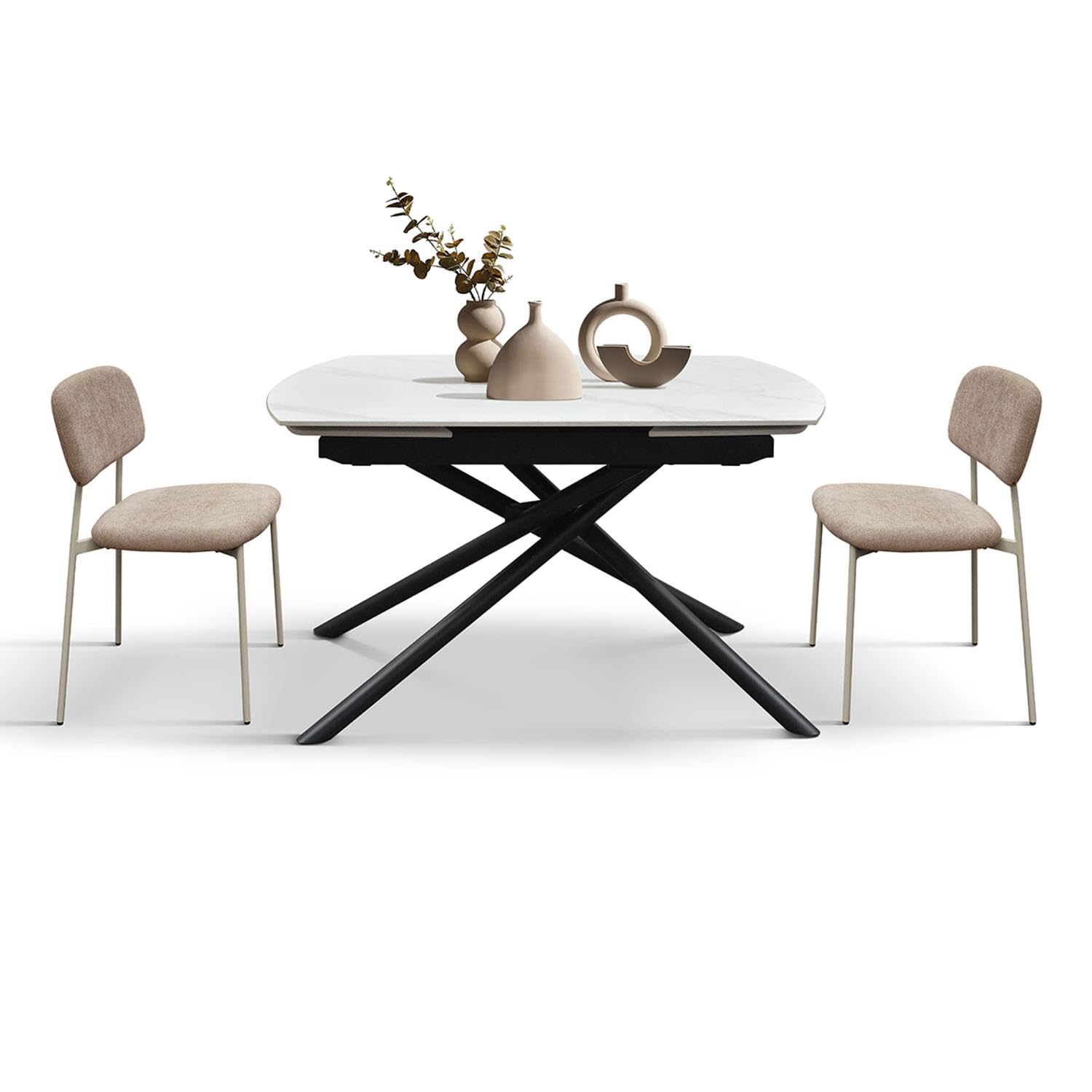 KONTE.DESIGN Tavolo BONIFACIO in ceramica bianco statuario e base in metallo verniciato nero, allungabile 120x88 cm - 180x88 cm