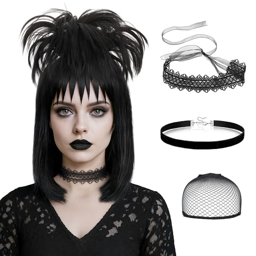 S-noilite Lydia Deetz Wig Black Ghost Bride Costume Wig and Detachable Bun with Chocker for Womens Halloween Cosplay Party 16 inch