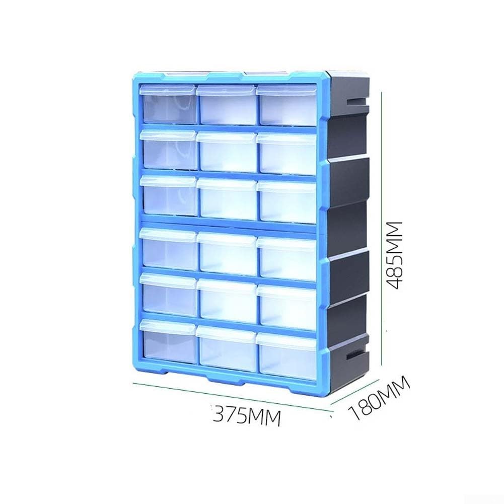 Caja de almacenamiento de plástico para 39 cajones, organizador de piezas transparentes, resistentes, apilables, para taller, garaje, herramientas, clasificación de componentes pequeños (azul de 18