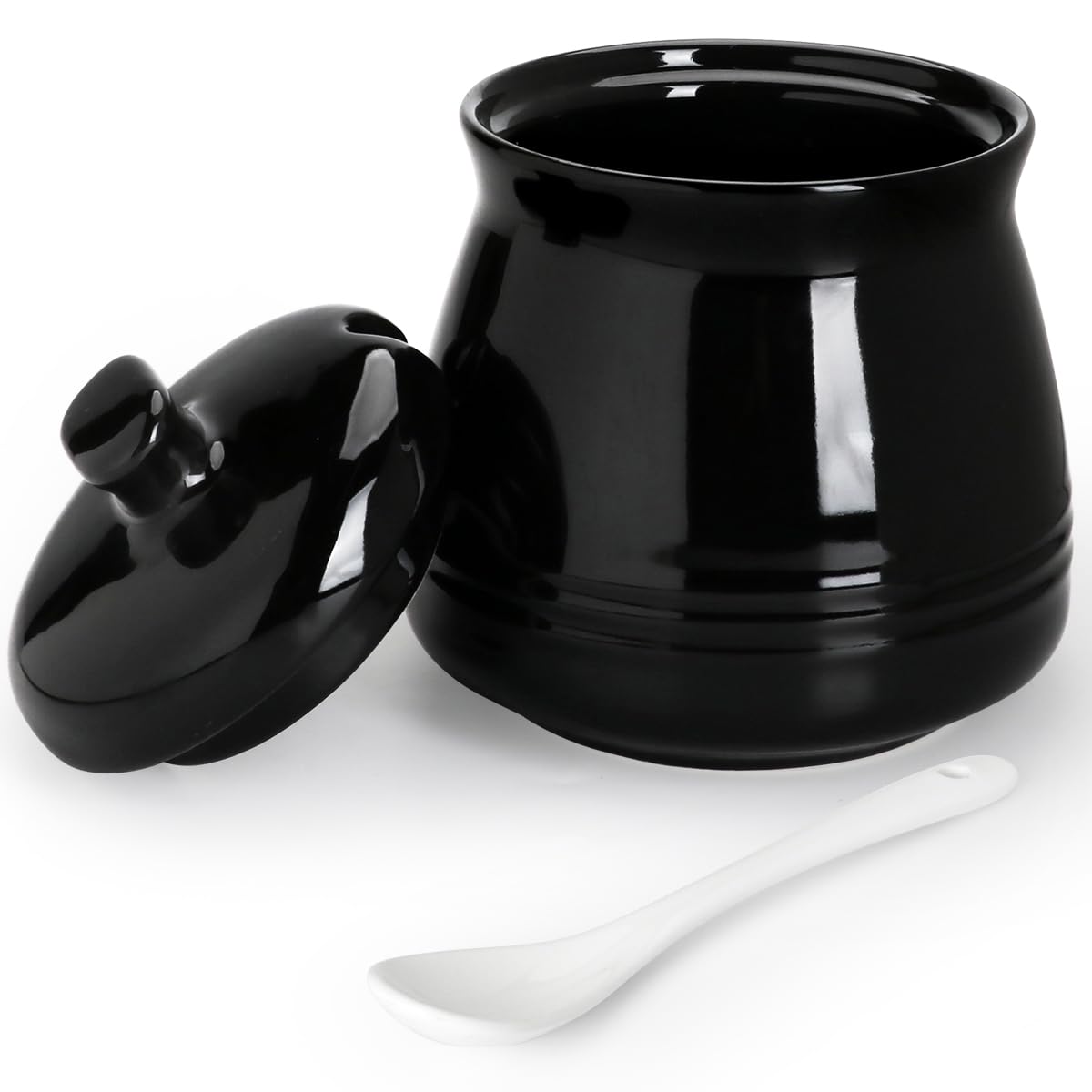 Cyimi Sugar Bowl Ceramic Sugar Jar, Black Porcelain Sugar Pot with lid and Spoon, Conditment for Kitchen Seasoning 12 oz/ 355 ml