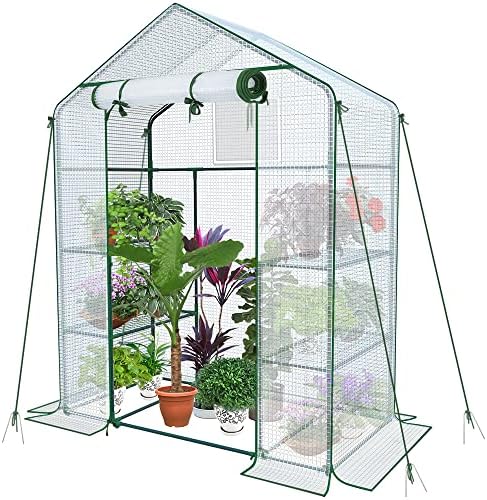 VOUNOT® Gewächshaus Foliengewächshaus, begehbares Gartenhäuschen mit 4 Regalebenen, Tomatenhaus Tomatengewächshaus, Weiß 143x73x195cm