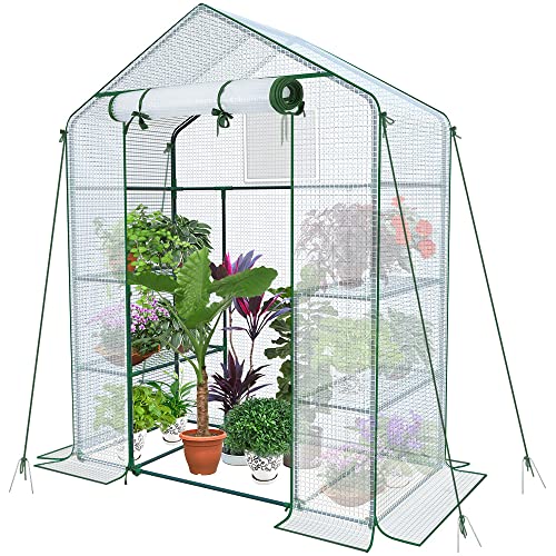 VOUNOT® Gewächshaus Foliengewächshaus, begehbares Gartenhäuschen mit 4 Regalebenen, Tomatenhaus Tomatengewächshaus, Weiß 143x73x195cm