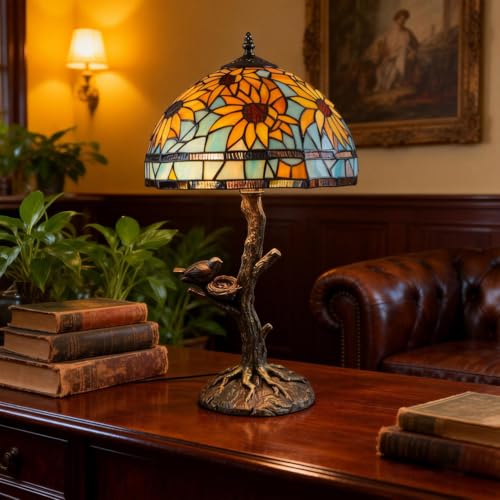 Fiunkes Lámpara de Mesa Tiffany de 12 Pulgadas, Pantalla de Cristal Tintado Amarillo Girasol, lámpara de Lectura, lámpara de Escritorio para Dormitorio, mesita de Noche, Base de Resina con pájaro.