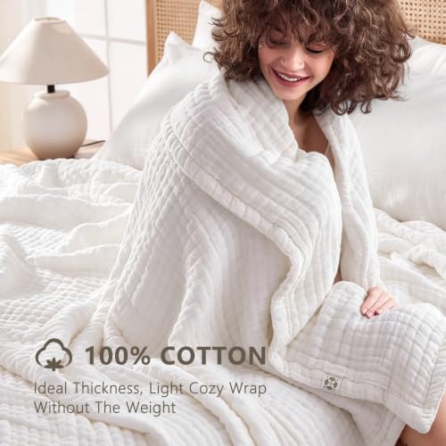 Image of EMME 9 Layer Muslin Cotton Blanket Adults Coverlet,Queen,White
