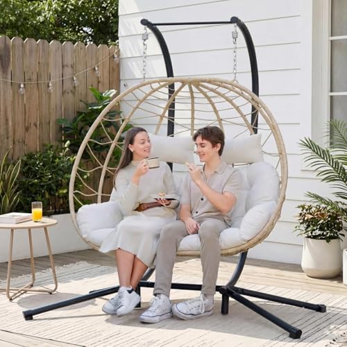Easyego 2-Person Wicker Hanging Egg Chair with Stand- 700 lb Capacity Indoor/Outdoor Double Egg Swing Hammock Chair for Patio Garden Porch Living Room Bedroom-White