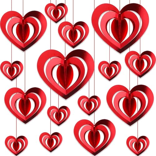 3D Coeur Rouge Suspendre Décoration,16 pcs Coeurs Ornement Saint-Valentin Romantique Décorations, Forme Coeur Rouge Deco, pour saint valentin, Mariage, Fiançailles, Anniversaire et Fête d'anniversaire