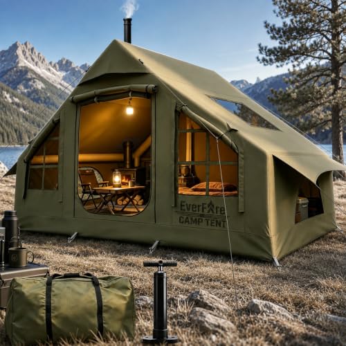 Inflatable Camping Tent with Pump, Stove Jack, Skylight, 4-6 Person