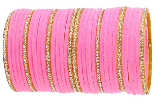 Image of NMII Fancy Glass Golden Zircon Diamond Stone & Velvet Finish Plain Bangles Set For Women & Girls | Glass Velvet Bangles | Kanch ki Chudiyan | Girl's Bangles Bracelet | Fashion Jewellery- Set of 32
