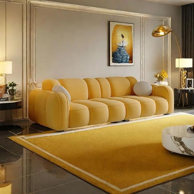 Image of CRAFTCITY Contemporary Wool Sofa with Swen Pillow Back for Living Room (Yellow, 3 Seater)