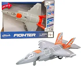 Brink Center Avião de Brinquedo Fighter com Som e Luzes, Escala 1:16, Cinza e Laranja, 32.5cm, Idade 3+