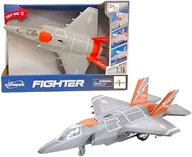 Brink Center Avião de Brinquedo Fighter com Som e Luzes, Escala 1:16, Cinza e Laranja, 32.5cm, Idade 3+